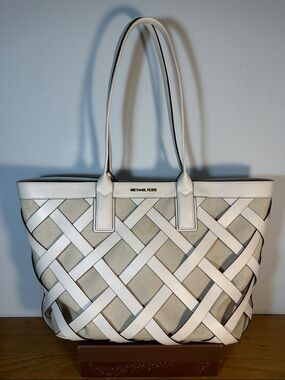 Michael Kors Cream and White Woven Lattice Tote